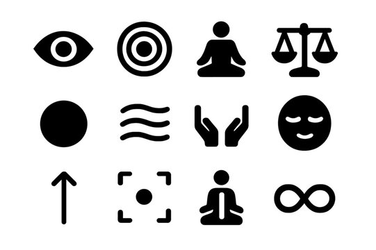 Focus and Balance Icons. Focus and Balance. Solid icon set of Focus and Balance: single eye, concentric circles, meditation icon, scale, centered dot, breath