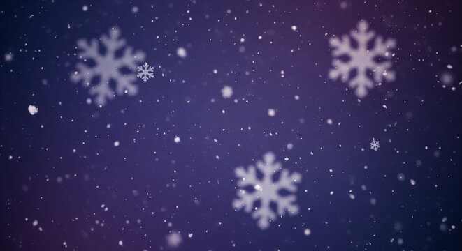 Abstract background of gently falling, large, soft-focus snowflakes against a dark, deep blue or purple twilight sky. The flakes are distinct but blurred, creating a serene, dreamy effect. Dreamy, pea - Powered by Adobe