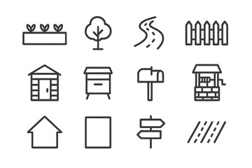 Garden Plot Icons. Garden plot. Line icon set of Garden plot: garden bed, tree, pathway, fence, shed, compost bin, mailbox, water well, house outline, parcel