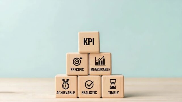 KPI blocks stacked with specific, measurable, achievable, realistic, timely  