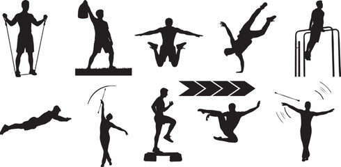 Silhouetted figures performing various exercises and movements for fitness and health