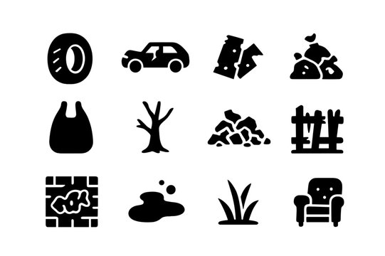 Junkyard Icon Set. Junkyard. Solid icon set of Junkyard: discarded tire, broken car, rusted metal, trash pile, plastic bag, dead tree, rubble, broken fence,