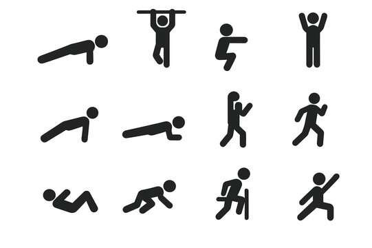 Bodyweight Exercise Icons. Bodyweight Fitness. Solid icon set of Bodyweight Fitness: push-up, pull-up, squat, lunge, burpee, plank, jumping jack, sit-up,
