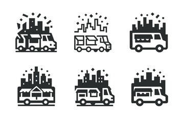 Fototapeta premium Food Truck Logos. Food truck street parties. Icon set. Set Logo of food truck street parties: food truck with festive string lights. harmonious logo variations