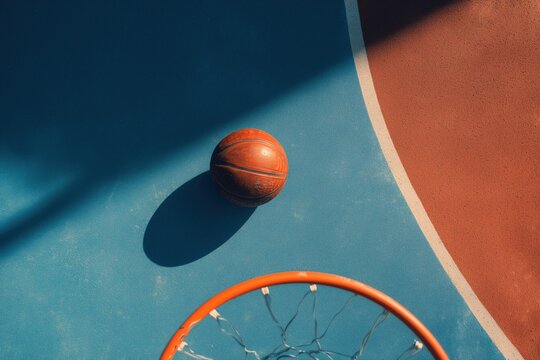 A basketball court with a blue background, a ball, and a basketball hoop.