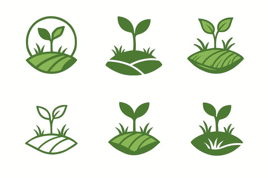 Grassland Rehab Logos. Grassland rehabilitation. Icon set. Set Logo of grassland rehabilitation: Seedling in open field. harmonious logo variations of the same