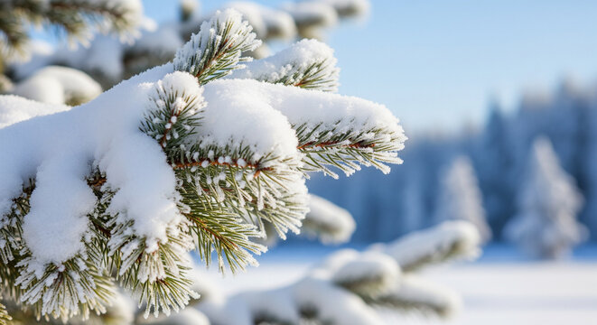 Snow-covered evergreen branches (pine or spruce) dusted with fresh, powdery snow, with a few delicate, sparkling frost details. The background is a soft-focus, wintry blue sky or blurred snow. Natural