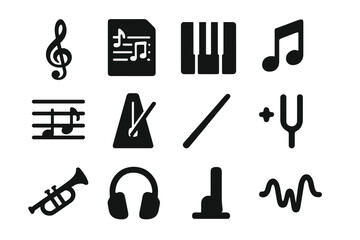 Obraz premium Music Icon Set. Musical Composition. Solid icon set of Musical Composition: treble clef, sheet music, piano keys, notes, staff lines, metronome, baton, tuning