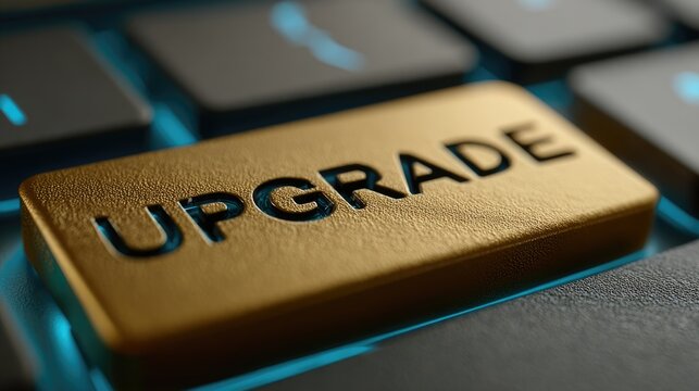 Gold Upgrade Button on Computer Keyboard — Close-Up Macro Shot