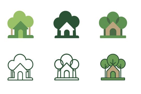 Eco-Lodge Logo Variations. Nature-based wellness tourism. Icon set. Set Logo of wellness tourism: eco-lodge icon. harmonious logo variations of the same