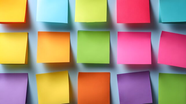 Arrangement of multiple vibrant, adhesive notes adhered to a pale blue background surface