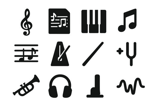 Music Icon Set. Musical Composition. Solid icon set of Musical Composition: treble clef, sheet music, piano keys, notes, staff lines, metronome, baton, tuning