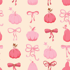 Seamless pattern pumpkins in Coquette preppy bows trellis for fall holidays, Thanksgiving textiles