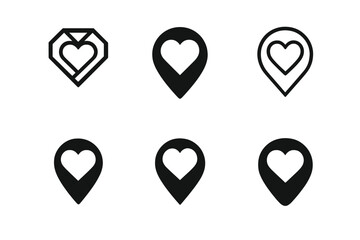 Fototapeta premium Wedding Destination Icons. Destination weddings and honeymoon destinations. Icon set. Set Logo of destination weddings: map pin with heart symbol. harmonious