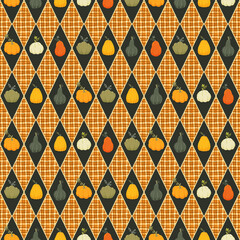 pumpkins patchwork diamond rhombus seamless pattern. autumn fall Thanksgiving background