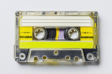 A top view of an old retro cassette tape on a white background.