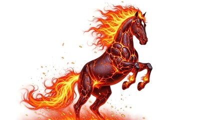 A majestic horse made of swirling flames, dynamic pose, glowing embers, high detail illustration, centered on a plain white background
