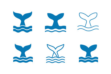 Obraz premium Harmonious Whale Logos. Oceans and seas. Icon set. Set Logo of oceans and seas: whale tail diving beneath surface waves. harmonious logo variations of the same