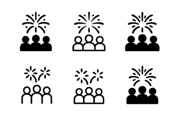 Obraz premium Festive Emblem Variations. Shared celebration. Icon set. Set Logo of shared celebration: fireworks over crowd. harmonious logo variations of the same
