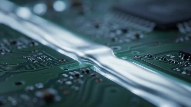 Close up shot of a circuit board with chips and micro components