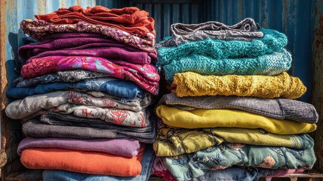 Colorful stacks of donated clothes inside a shipping container for charity distribution