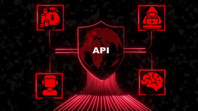 Glowing neon A P I cloud connection network with business icons handshake communication growth security and teamwork digital technology concept ,4k video. Hi tech motion graphic animation. 