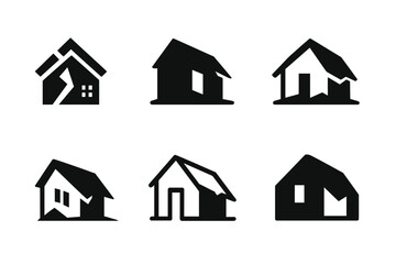 Fototapeta premium Abandoned House Logos. Dilapidated house with no sign of life. Icon set. Set Logo of abandoned home: roof caving inward. harmonious logo variations of the same