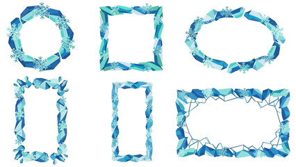 Collection of six decorative frames with a frosty blue and white crystal theme, suitable for winter and holiday designs