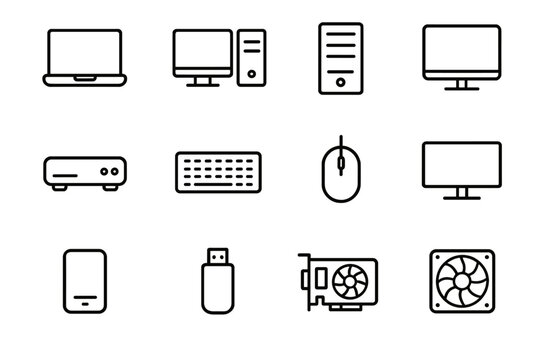 Computing Device Icons. Computing Devices. Line icon set of Computing Devices: laptop, desktop, server, tablet, mini PC, keyboard, mouse, monitor, external