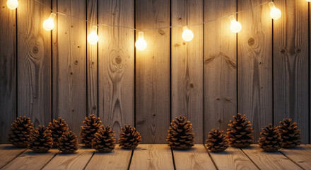 Rustic wooden background (e.g., weathered barn wood planks) adorned with a simple string of warm fairy lights and a few scattered pine cones. The lights cast a gentle, inviting glow. Cozy, rustic, tra