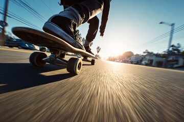 Skateboarder speeding on the road with motion blur.