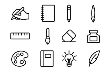 Fototapeta premium Art Tool Icon Set. Art Practice. Line icon set of Art Practice: hand drawing, sketchbook, pencil, pen, ruler, brush, eraser, ink bottle, palette, notebook,