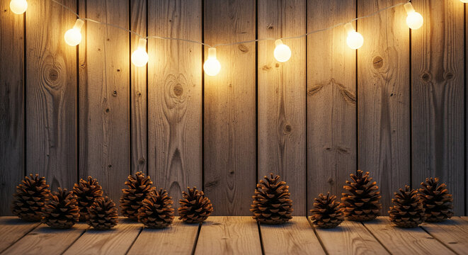Rustic wooden background (e.g., weathered barn wood planks) adorned with a simple string of warm fairy lights and a few scattered pine cones. The lights cast a gentle, inviting glow. Cozy, rustic, tra