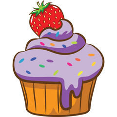 Whimsical Strawberry Topped Lavender Frosted Cupcake with Colorful Sprinkles on a Transparent Background