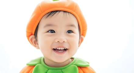 Happy toddler wearing a cute orange pumpkin costume hat and collar, isolated on white background