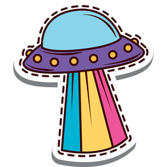 Whimsical UFO Abducting With Rainbow Beam Transmitting Colorful Light In A Cartoon Style With A Dotted Outline Border And Subtle Shadow Effect Against A Clean Transparent Background © tyar