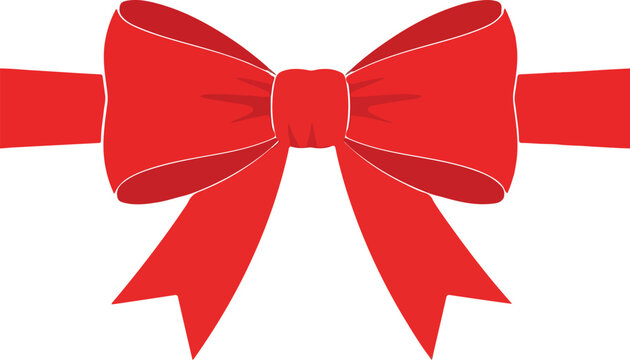 Red Ribbon Bow. Elegant red bow illustration, festive ribbon ornament for Christmas or celebration design.