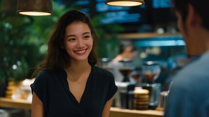 An inclusive café where menus are available in braille and QR codes, baristas interacting with customers using friendly gestures and clear communication — inclusive customer service, accessible