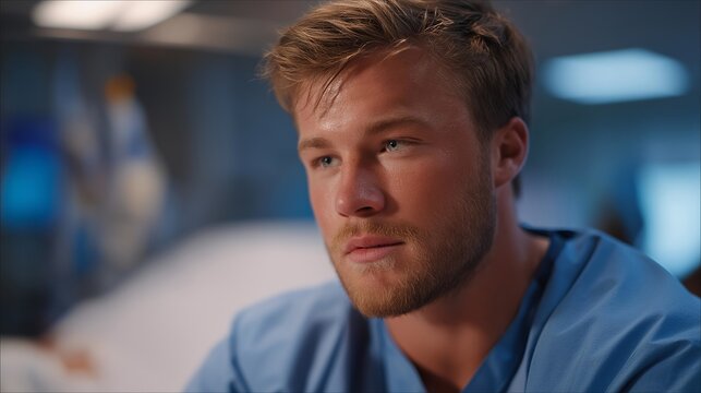 A doctor in an overwhelmed ER assessing multiple patients at once, sweat on their brow as alarms beep from every direction &mdash; medical crisis overload, emergency healthcare, and life-or-death