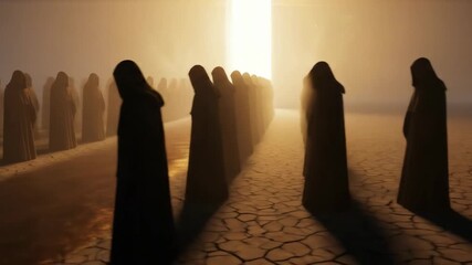 Mysterious figures in robes walk towards a bright light on a cracked desert path, spiritual journey.