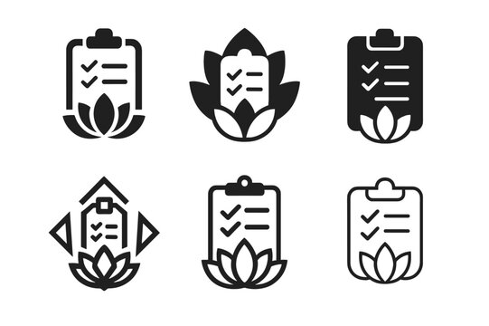 Wellness Plan Logos. Personalized wellness plans. Icon set. Set Logo of personalized wellness plans: Checklist and lotus icon. harmonious logo variations of