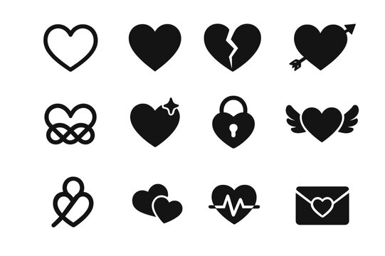 Heart Icon Collection. Heart symbols. Solid icon set of heart symbols: heart outline, filled heart, broken heart, arrow heart, infinity heart, spark heart,