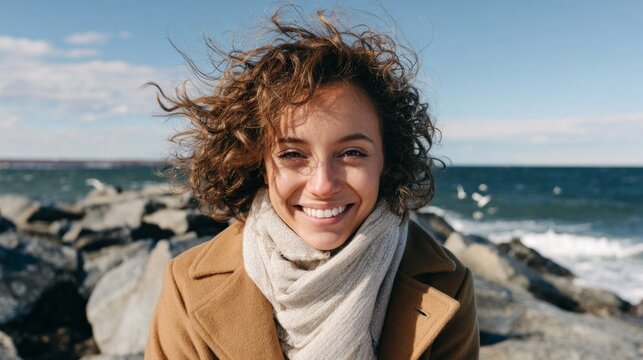 Woman enjoying winter day at beach, smiling and posing for picture.