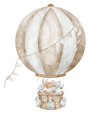 Watercolor illustration of Animals in a hot air balloon, showing hare, fox and cat in a basket. Drawing of aerostat for nursery poster or baby shower greeting cards or childish invites. Art for kids.