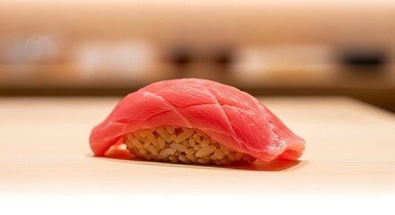 Closeup of a single piece of vibrant red tuna nigiri sushi resting on a light wooden surface in a traditional setting