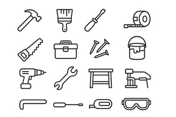Obraz premium DIY Family Icons. DIY Home Projects as a Family. Line icon set of DIY Home Projects as a Family: hammer, paintbrush, screwdriver, measuring tape, saw, toolbox,