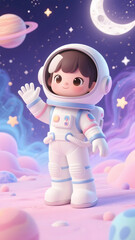 Girl astronaut waving in dreamy space