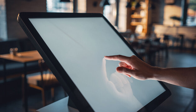 Hand interacting with a blank touchscreen kiosk. Modern, technology, interactive concept. Display your message. Great for retail, information, advertising.