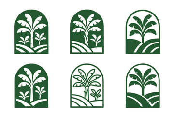 Fototapeta premium Banana Plantation Icons. banana plantation. Icon set. Set Logo of banana plantation: tropical banana grove illustration. harmonious logo variations of the same