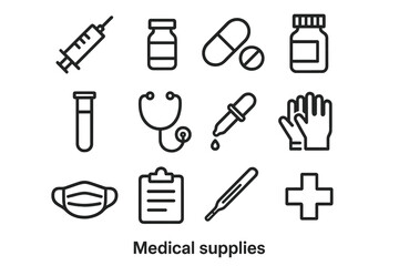 Fototapeta premium Medical Supplies Icons. Medical supplies. Line icon set of medical supplies: syringe, vial, capsule, pill bottle, test tube, stethoscope, dropper, gloves,